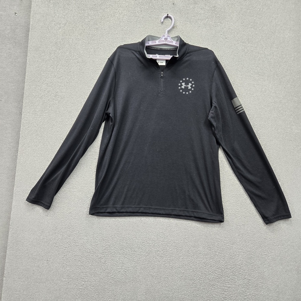 Under Armour Men Sweatshirt L Black Freedom USA Flag Logo Heatgear Loose 1/4 Zip